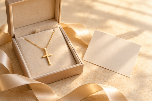 Gold cross necklace presented in an elegant gift box