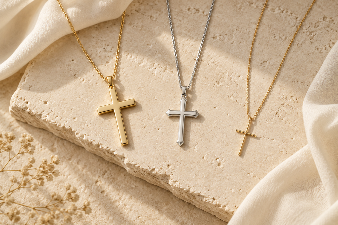 Gold and silver cross necklaces illustrating Christian symbolism and modern style