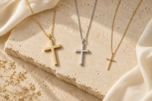 Gold and silver cross necklaces illustrating Christian symbolism and modern style