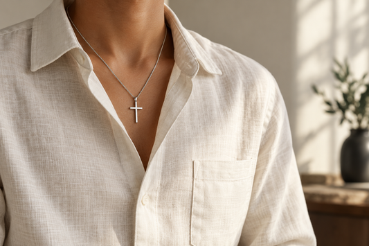 Silver cross necklace worn over a cream linen shirt