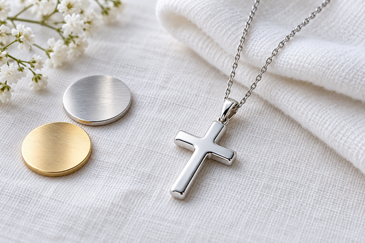 Silver cross necklace beside gold and silver material samples