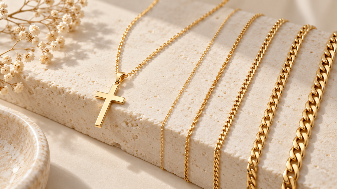 Cross pendant beside gold chains in several thicknesses