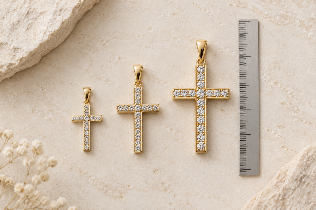 Small, medium, and large cross pendants arranged beside a ruler