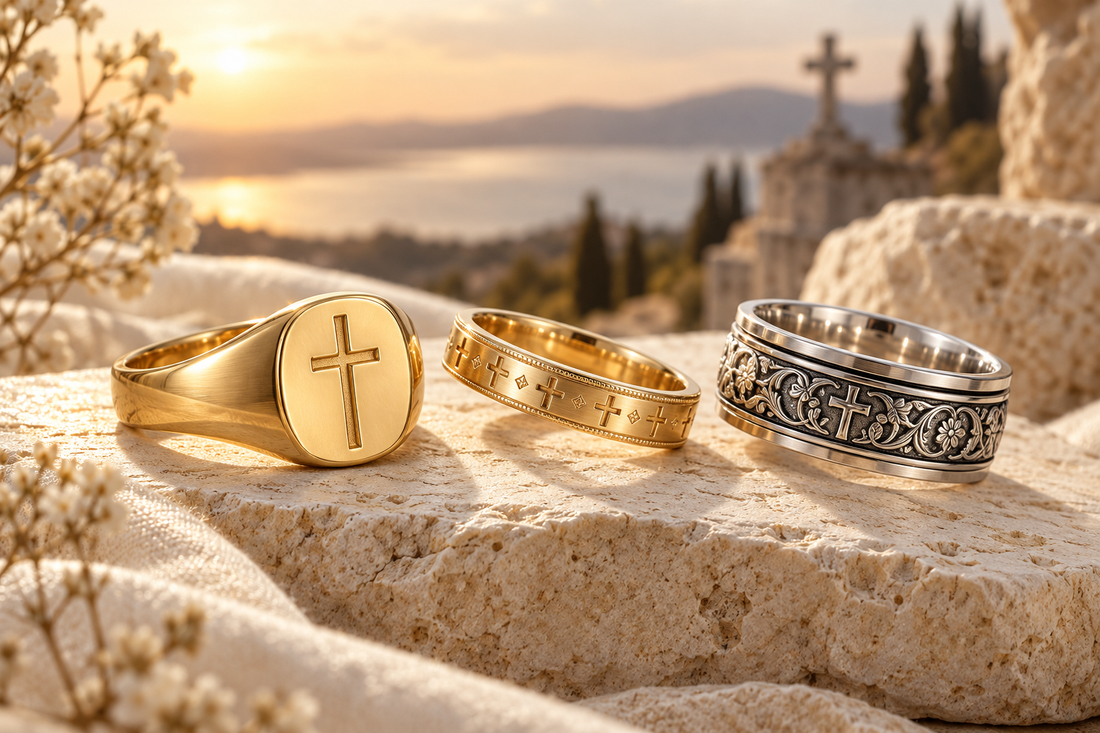 Gold signet, engraved band and silver cross rings