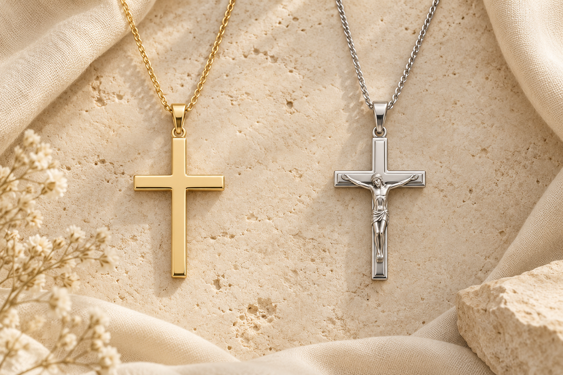 Plain gold cross necklace beside a silver crucifix necklace
