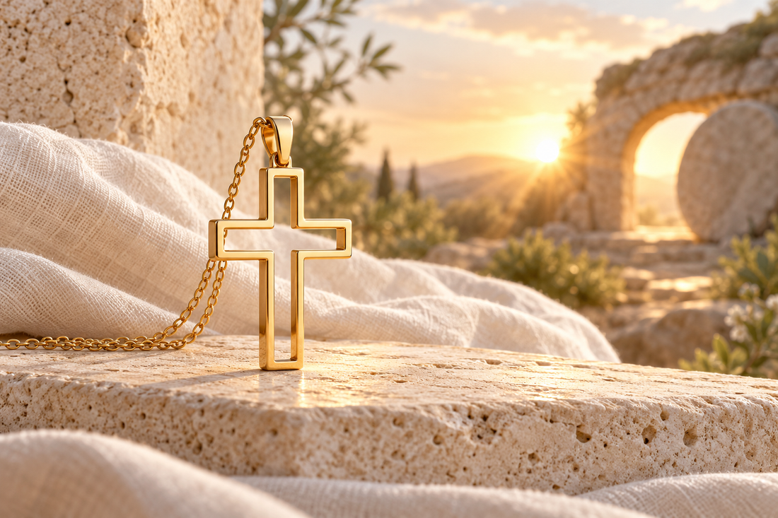 Empty gold cross pendant in hopeful sunrise light