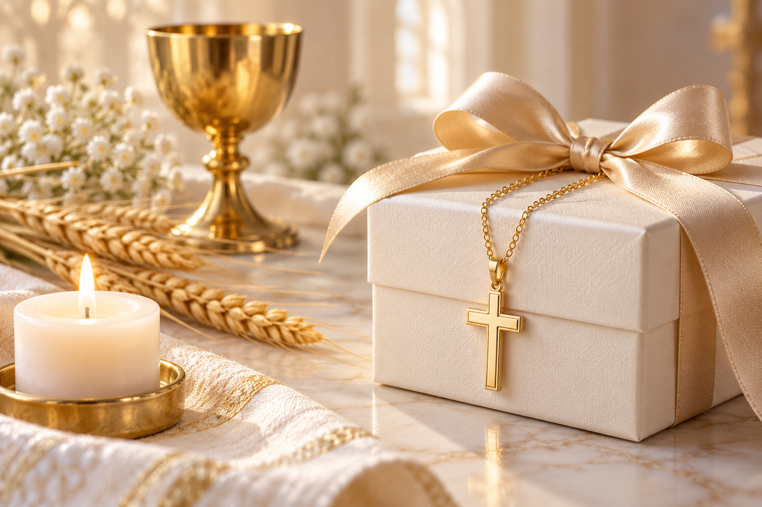 Cross necklace gift styled for First Communion