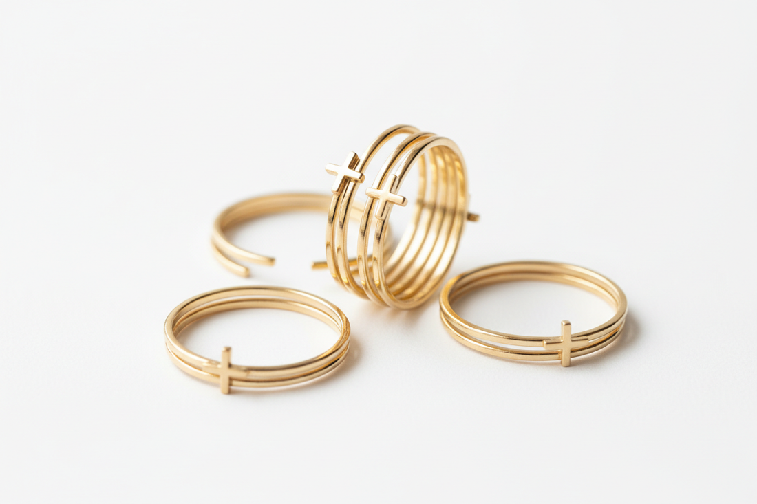 Gold Cross and Dainty Thin Stackable Engagement Rings