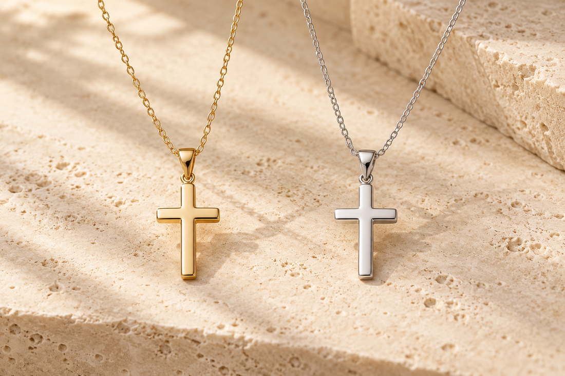 Gold and silver cross necklaces displayed side by side for comparison