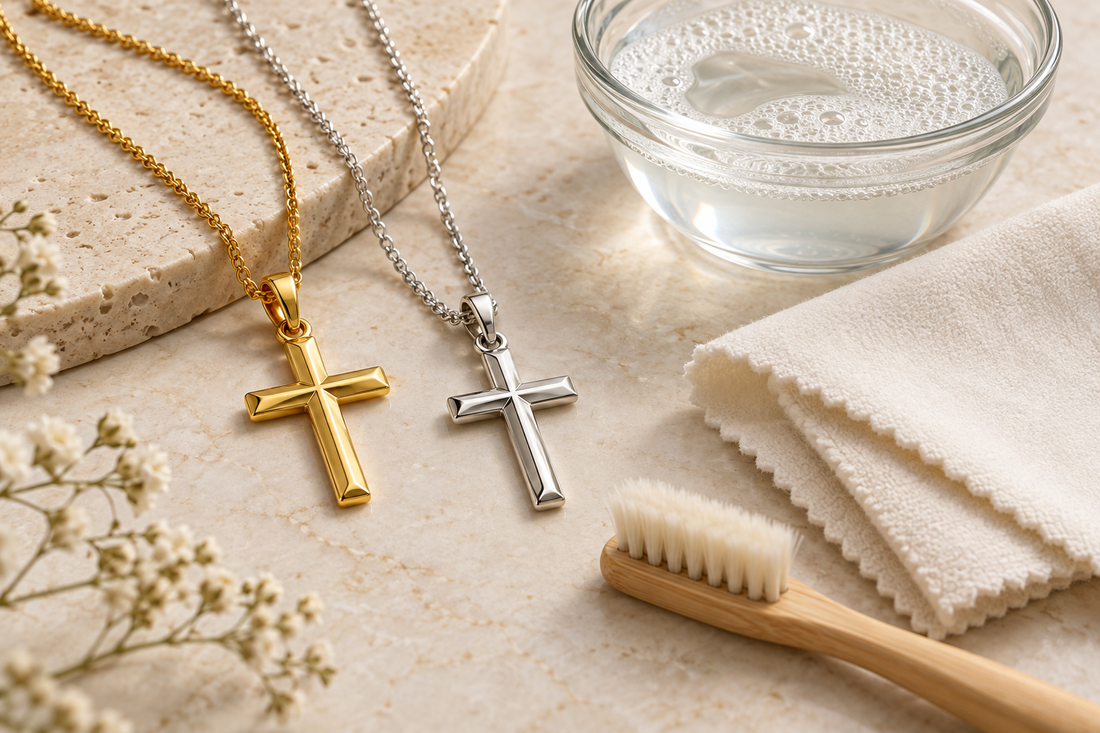 Gold and silver cross necklaces with gentle jewelry cleaning supplies