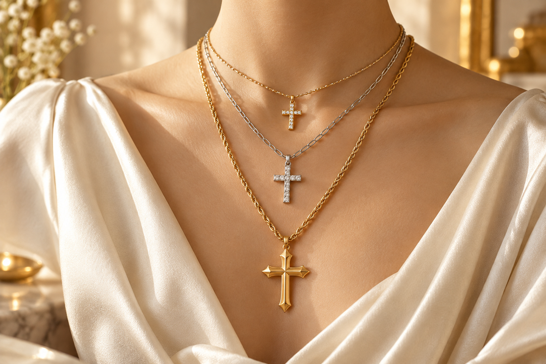 Three cross necklaces layered at different lengths