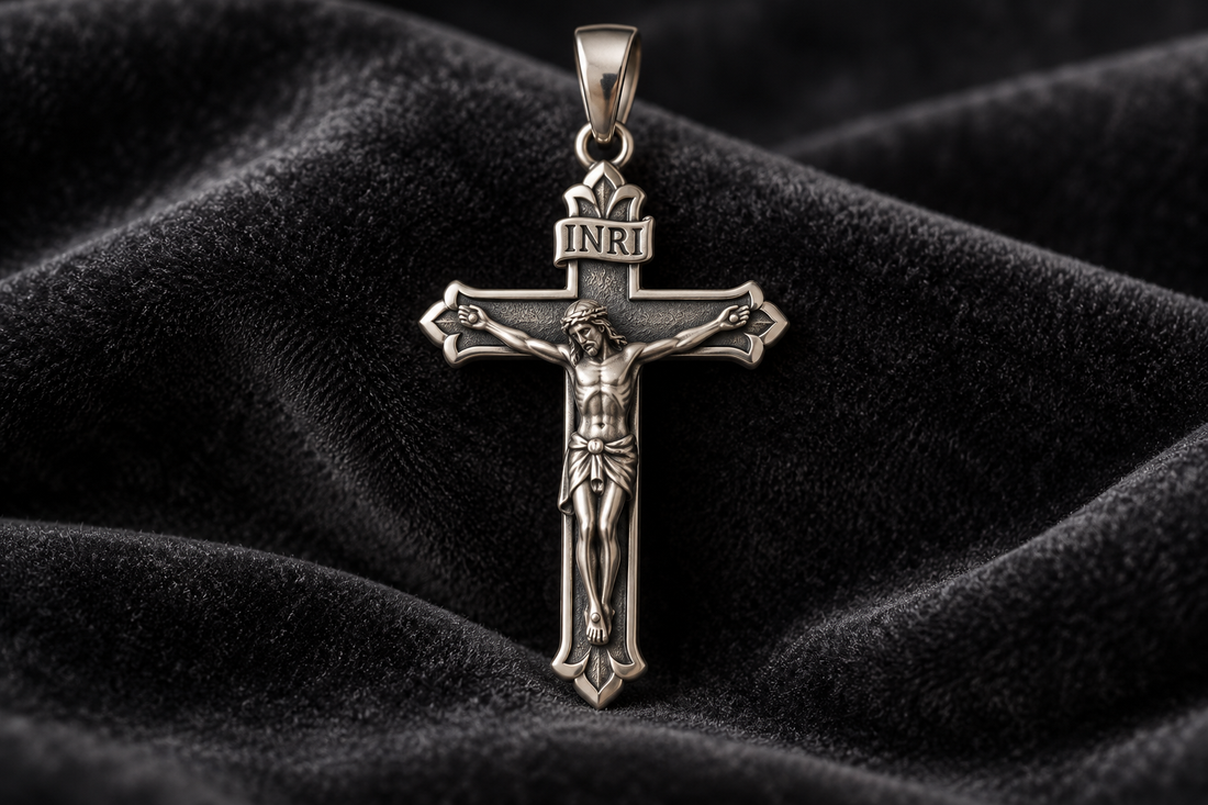 Silver crucifix pendant with an INRI plaque on black velvet