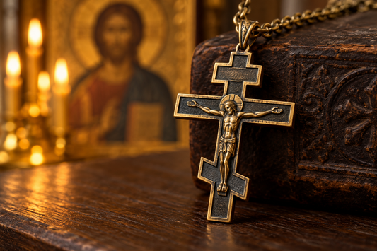 Eastern Orthodox three-bar cross necklace in a candlelit setting