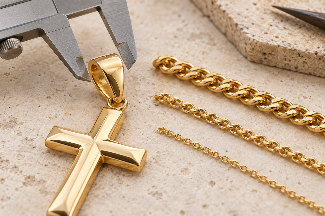 Cross pendant bail measured beside chains of different thicknesses
