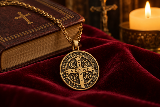 Saint Benedict medal necklace on burgundy velvet beside a prayer book