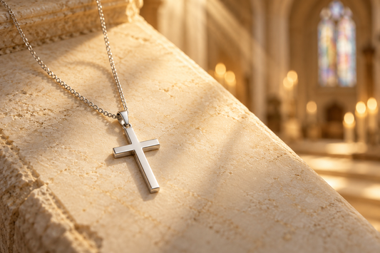 Silver cross necklace in warm church light