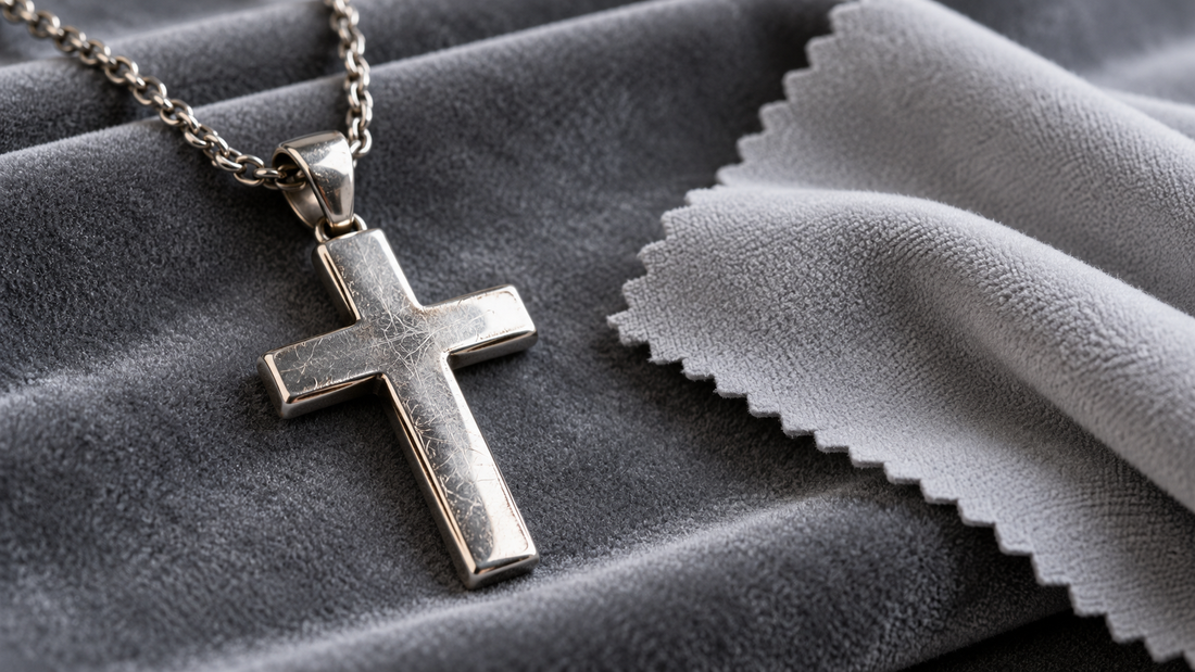 Scratched sterling silver cross necklace beside a polishing cloth