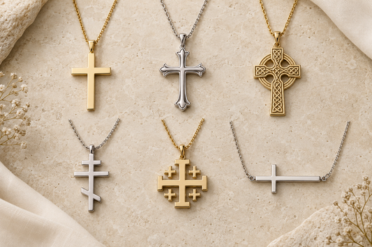 Six types of cross necklaces including Latin, Celtic, Orthodox, Jerusalem, and sideways crosses