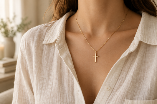 Woman wearing a delicate gold cross necklace as an expression of faith