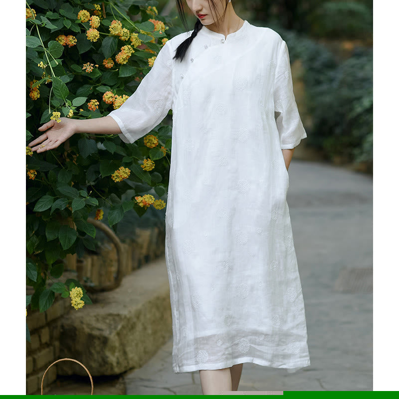 Buddha Stones Dandelion Flower Embroidery Half Sleeve Ramie Linen Chinese Cheongsam Midi Dress With Pockets