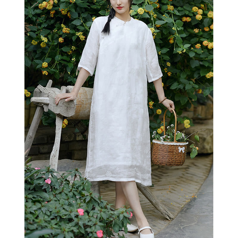 Buddha Stones Dandelion Flower Embroidery Half Sleeve Ramie Linen Chinese Cheongsam Midi Dress With Pockets