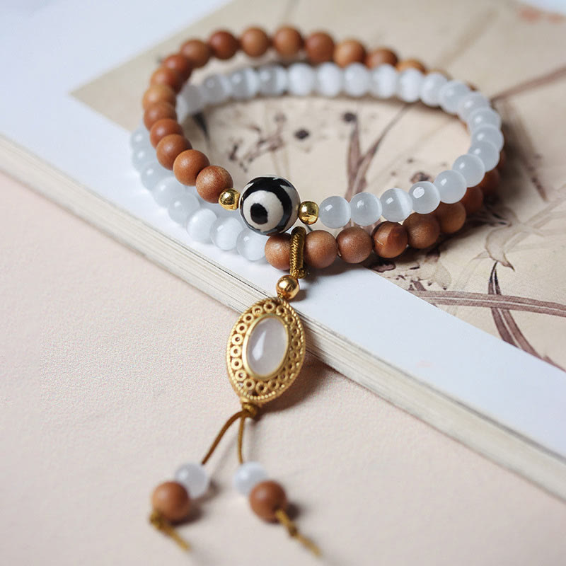 Healing Purification Sandalwood Cat's Eye Three-eyed Dzi Bead Crystal Bracelet