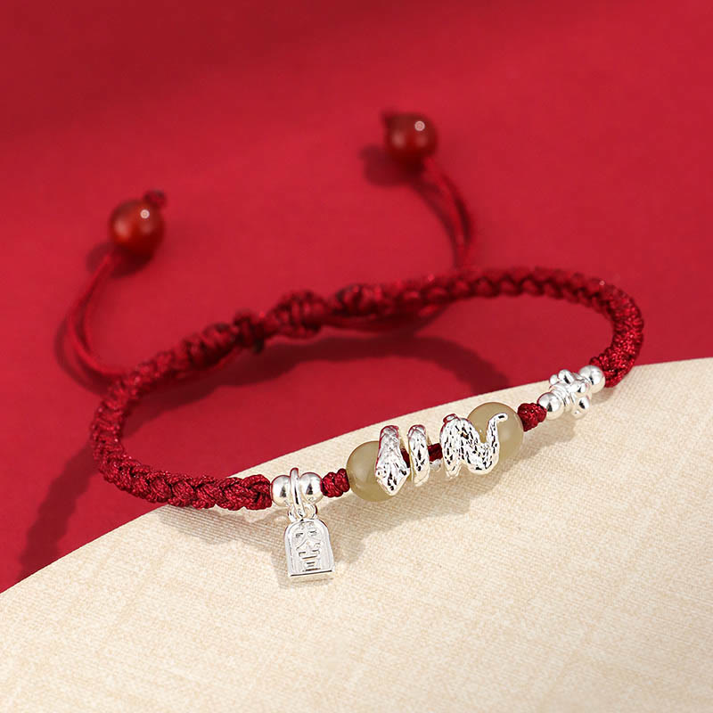 Protection Strength Hetian Jade Year of the Snake String Braided Bracelet