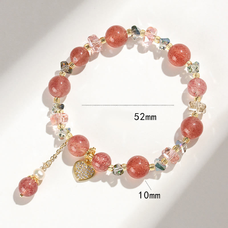 Healing Positive Strawberry Quartz White Crystal Pearl Heart Bracelet