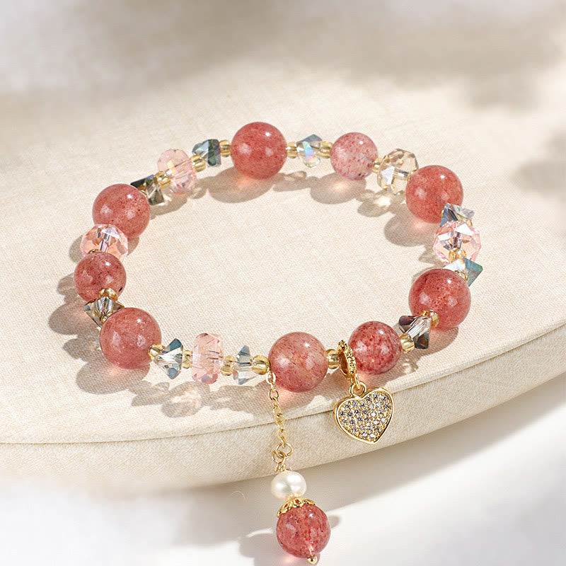 Healing Positive Strawberry Quartz White Crystal Pearl Heart Bracelet