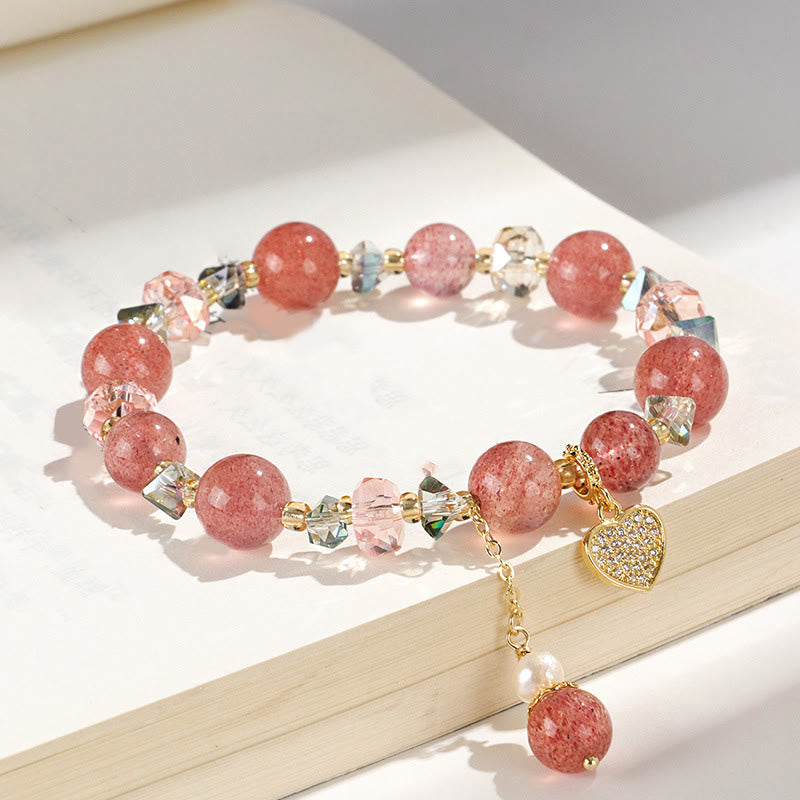 Healing Positive Strawberry Quartz White Crystal Pearl Heart Bracelet