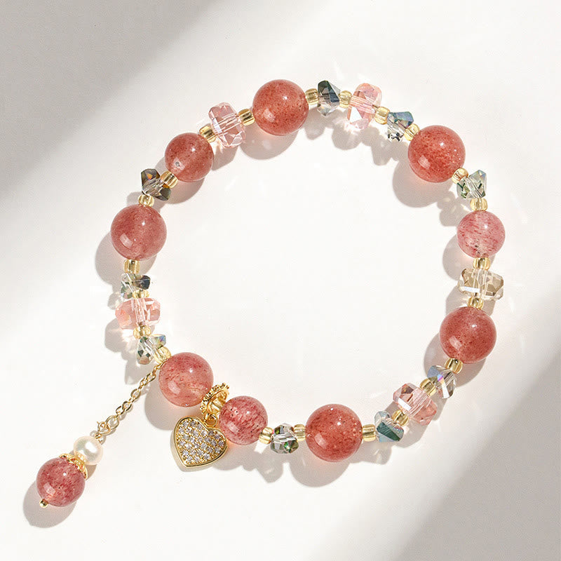 Healing Positive Strawberry Quartz White Crystal Pearl Heart Bracelet