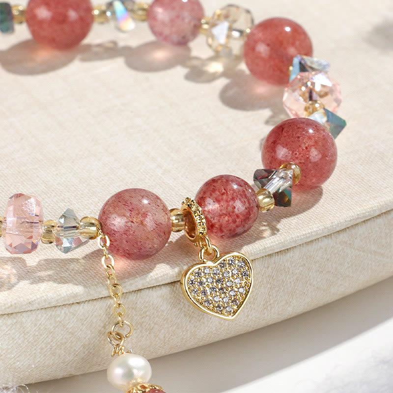 Healing Positive Strawberry Quartz White Crystal Pearl Heart Bracelet