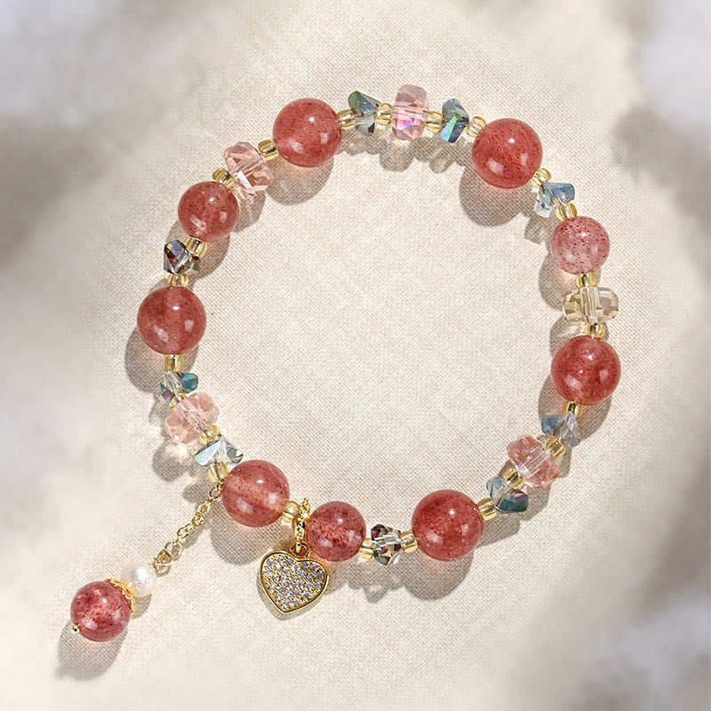 Healing Positive Strawberry Quartz White Crystal Pearl Heart Bracelet