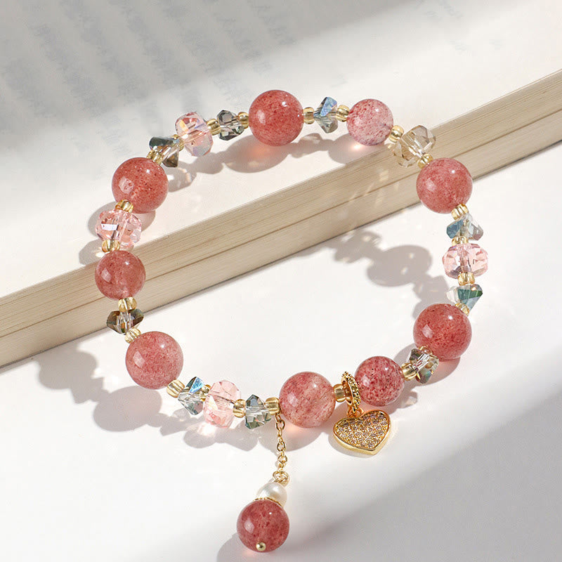 Healing Positive Strawberry Quartz White Crystal Pearl Heart Bracelet