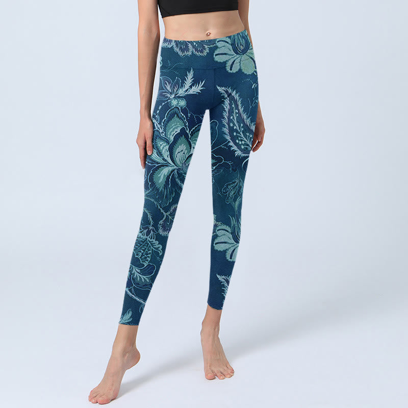 Buddha Stones Blue Flowers Print Sports Fitness Leggings Women's Yoga Pants