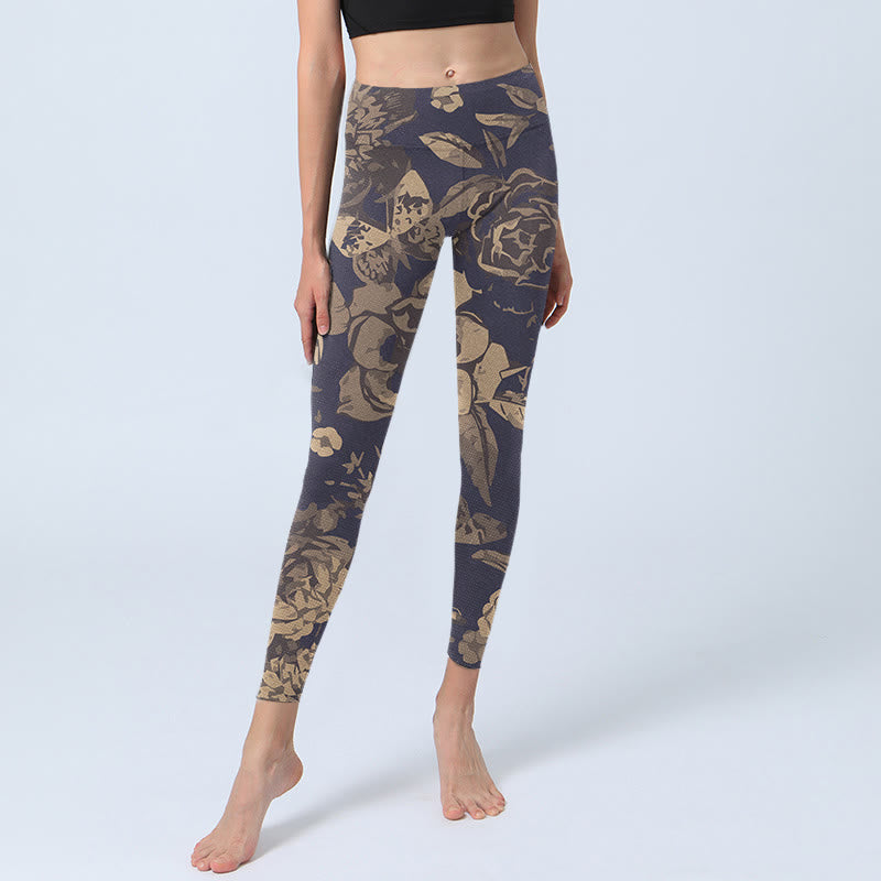 Buddha Stones Peony Flowers Leaves Blossom Print Gym Fitness Leggings Women's Yoga Pants