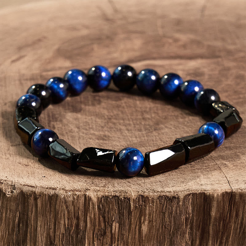 Bracelet de force en pierre de Bouddha, œil de tigre bleu et tourmaline noire 