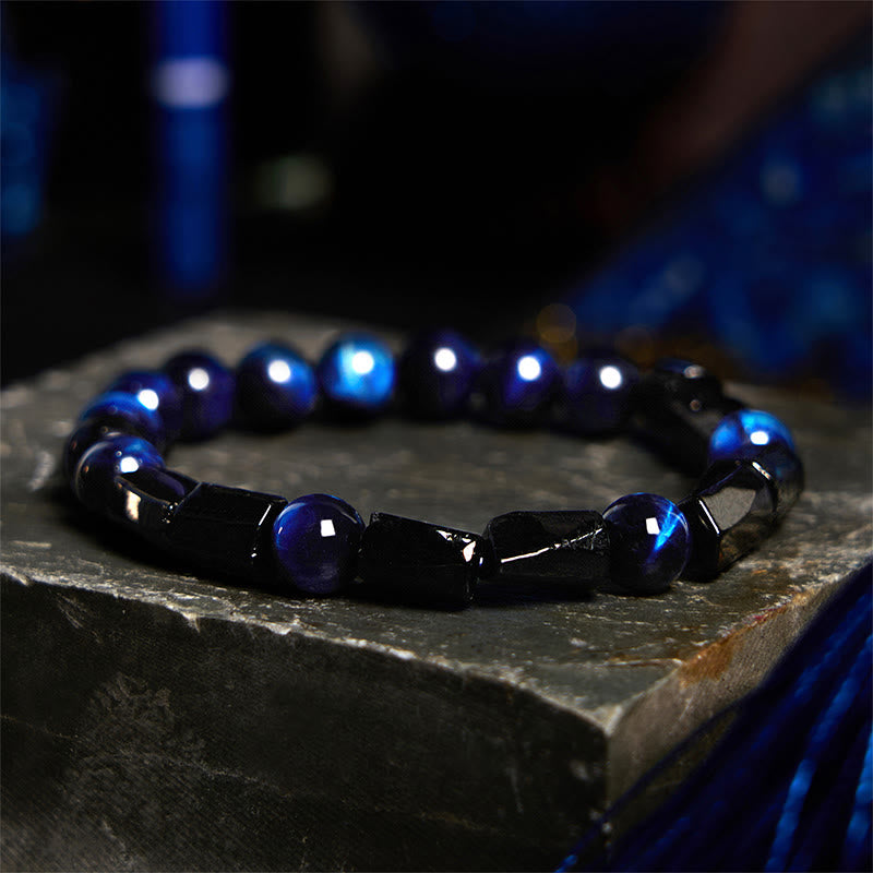 Bracelet de force en pierre de Bouddha, œil de tigre bleu et tourmaline noire 