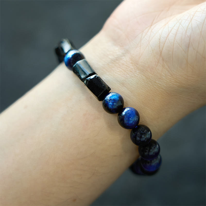 Bracelet de force en pierre de Bouddha, œil de tigre bleu et tourmaline noire 