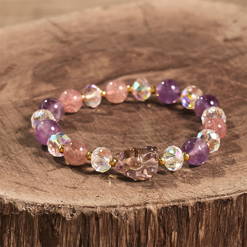 Bracelet renard à neuf queues en cristal blanc et améthyste et quartz fraise soulage le stress 