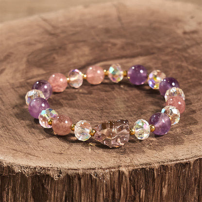 Bracelet renard à neuf queues en cristal blanc et améthyste et quartz fraise soulage le stress 