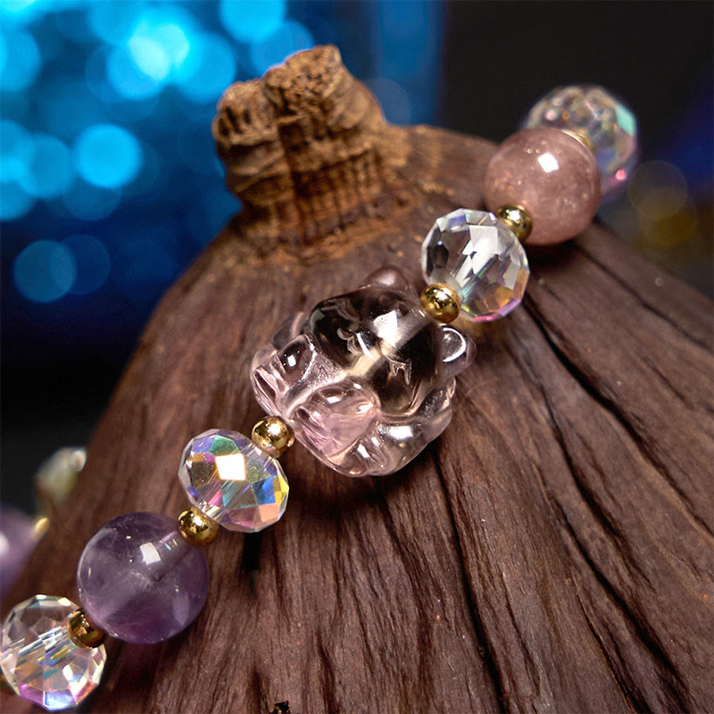 Relieves Stress Amethyst Strawberry Quartz White Crystal Nine-tailed Fox Bracelet