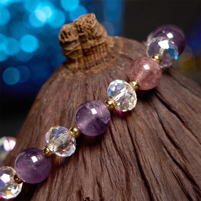 Bracelet renard à neuf queues en cristal blanc et améthyste et quartz fraise soulage le stress 