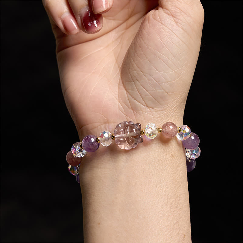 Bracelet renard à neuf queues en cristal blanc et améthyste et quartz fraise soulage le stress 