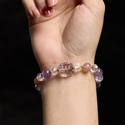Bracelet renard à neuf queues en cristal blanc et améthyste et quartz fraise soulage le stress 