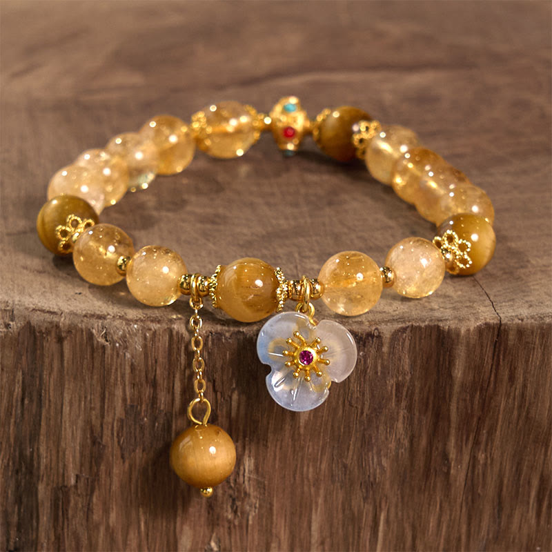 Prosperity Protection Citrine Tiger Eye Flower Charm Bracelet