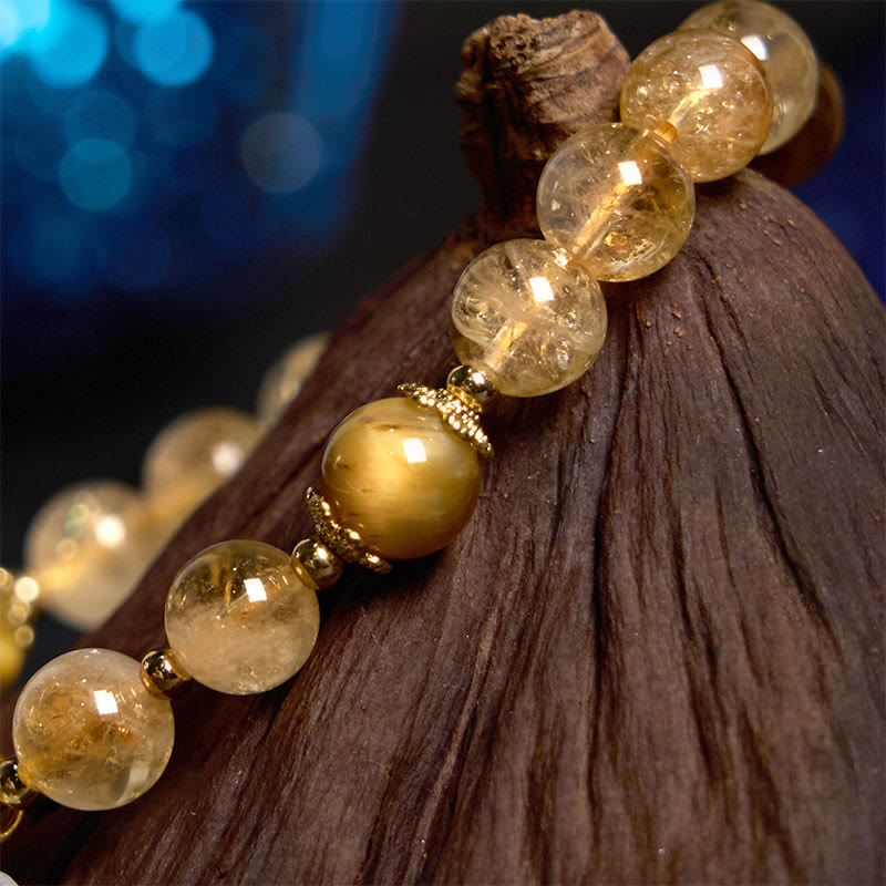 Prosperity Protection Citrine Tiger Eye Flower Charm Bracelet