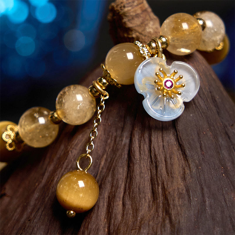 Prosperity Protection Citrine Tiger Eye Flower Charm Bracelet