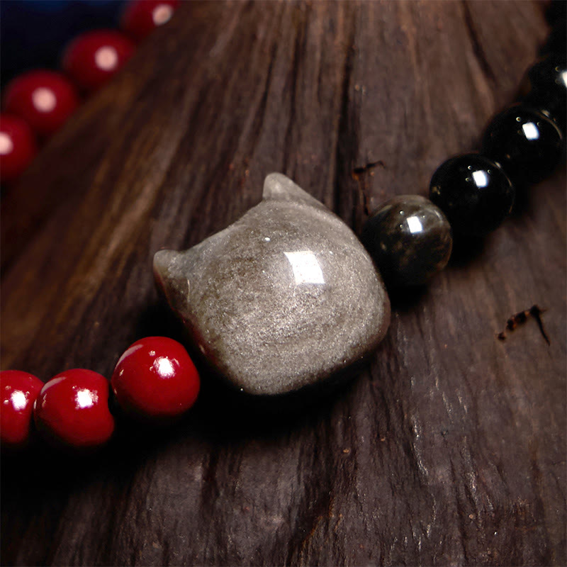 Bracelet chat en obsidienne noire et cinabre argentée et brillante 