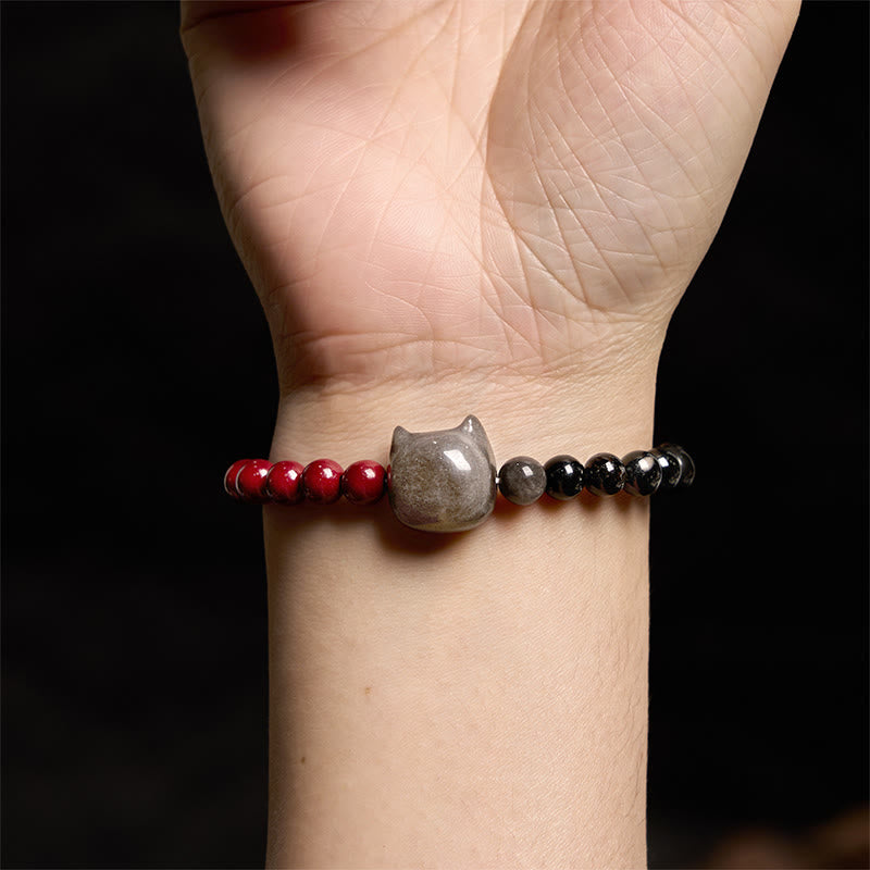 Bracelet chat en obsidienne noire et cinabre argentée et brillante 